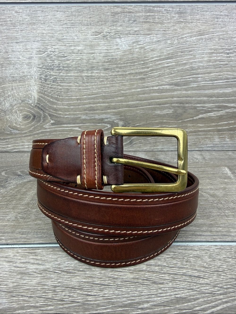 Cole Haan Men’s Sz 42/165 Brown Leather Belt Contrast Stitch Crafted in England